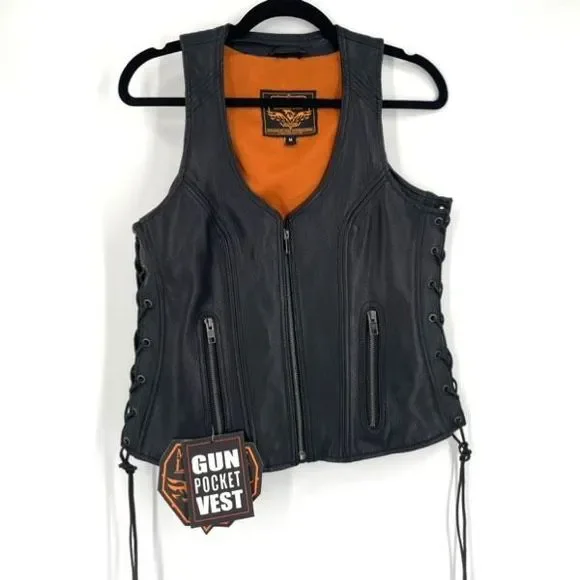 Milwaukee Leather Women's Gun Pocket Side Lace Biker Style Vest Black Medium NWT - Picture 1 of 9